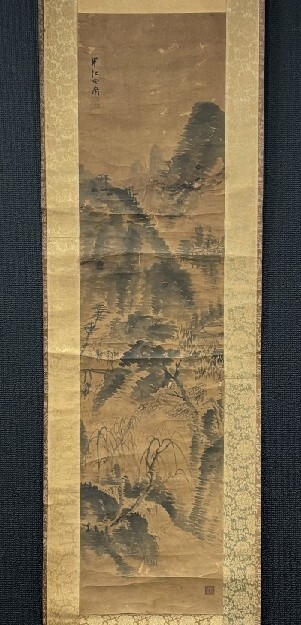 【模写】岡田半江「水墨山水図」紙本 米山人の子 大阪の人 江戸期 検) 文人画 南画 南宋画 書画 掛け軸 中国美術 日本画 青緑拍卖