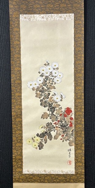 【模写】美品 桂月「白菊図」絹本箱付① 検)秋 小禽/書画/掛け軸/中国/山水/日本画/花鳥/仏画/小鳥/茶掛け/水墨/草花拍卖