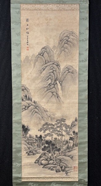 【模写】 中嶋梅岳「水墨山水図」 絹本合箱 小西蘆汀師事 円山派を学ぶ 兵庫の人 検) 文人画 南画 南宋画 書画 掛け軸 中国美術 日本画拍卖