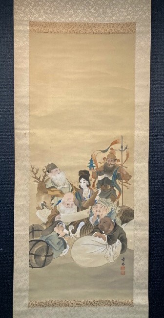 【模写】竹内鳴鳳「七福神図」絹本箱付 竹内栖鳳の子京都の人 検)人物画/恵比寿/弁財天/布袋/仏画/書画/掛け軸/中国/日本画拍卖