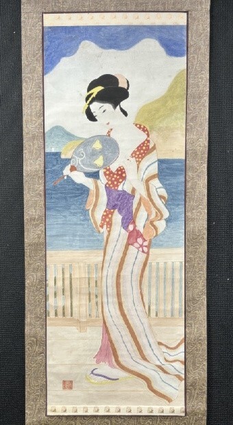【模写】敏子 在印「団扇を持つ美人図」 紙本 検)夕涼み 夢二 人物画人物画 舞子 芸妓 美人画/掛け軸/花鳥//日本画/花鳥//深水 浮世絵拍卖