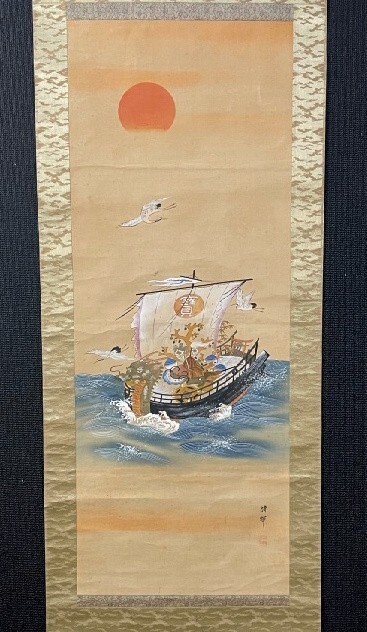 【模写】横山清暉 「宝船図」絹本箱付 四条派 京都の人 検) 仏画人物画 エビス 大黒天 恵比寿 七福神 寿老人 福禄寿 弁財天 布袋拍卖