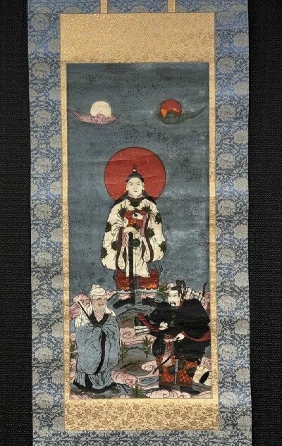 【模写】古画無落款「雨宝童子 三社託宣図 紙本箱付 両部神道検)天照皇大神/八幡大菩薩/春日大明神 仏画 神道 大日如来/掛軸仏教 神宮拍卖