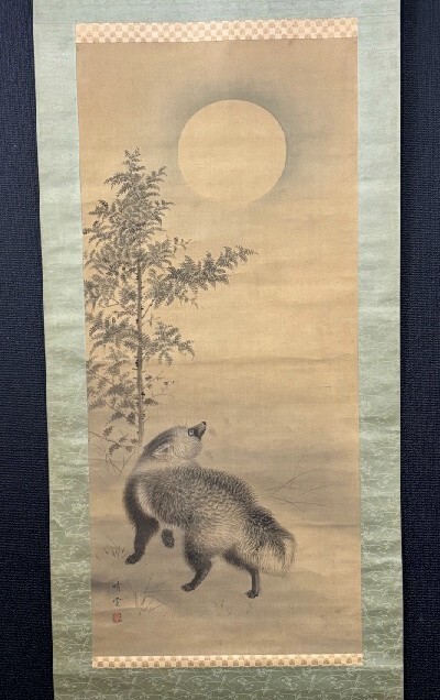 【模写】江森晴雲「月下狸図」絹本共箱 森一鳳師事 検)大阪画壇 動物 生物 たぬき南画/書画/掛け軸/山水/日本画/花鳥/水墨/拍卖