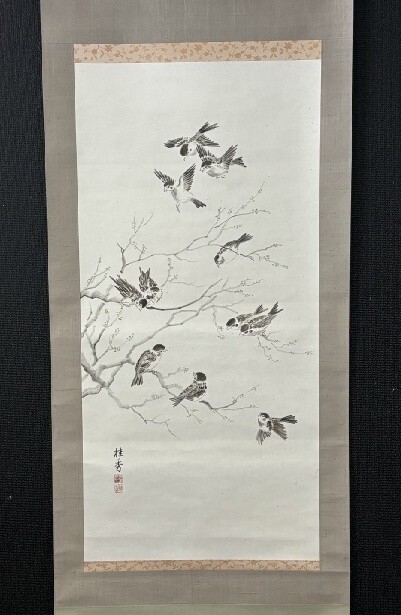 【模写】桂秀「群雀図」紙本箱付 検)スズメ小禽/書画/掛け軸/中国/山水/日本画/花鳥/仏画/小鳥/茶掛け/水墨/草花/マクリ拍卖