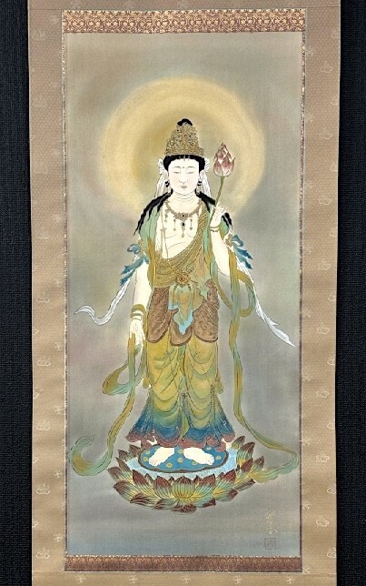 【真作】仏画 美品 二重箱 箕輪翠香「聖観音図」絹本共箱 年鑑掲載作家 検)菩薩人物画 佛画/仏教美術/如来 /観音/菩薩/仏像/掛軸/拍卖