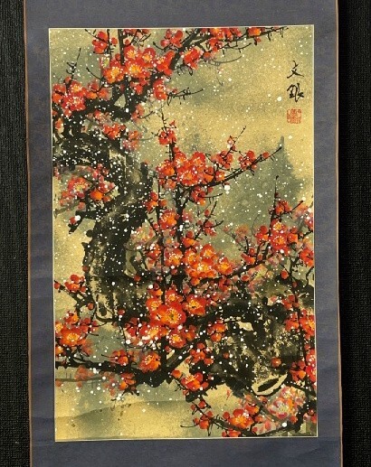 【模写】(中国掛軸)文銀「紅梅図」 紙本 検)雪中梅 寒梅 梅 白梅 鶯 ウグイス 花鳥 小鳥 小禽/書画/掛け軸//山水/日本画 風景拍卖