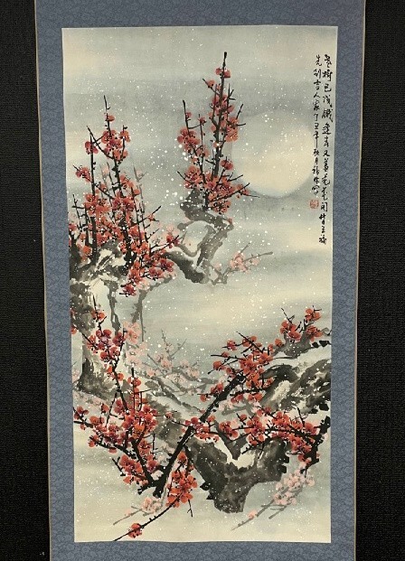 【模写】(中国掛軸)福林「月下紅梅図」紙本 検)寒梅 雪中梅白梅 鶯 ウグイス 花鳥 小鳥 小禽/書画/掛け軸//山水/日本画 風景拍卖