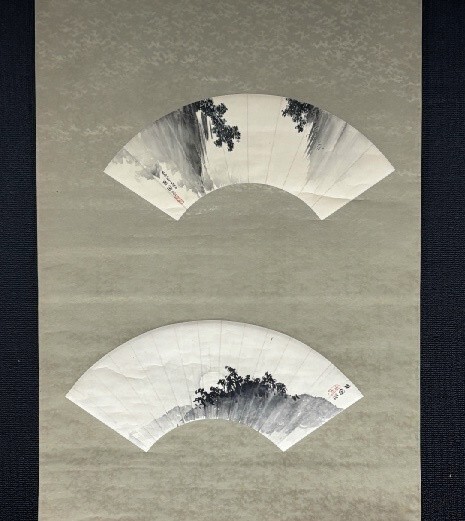 【模写】庭山耕園 扇面貼「月下水墨山水/瀑布図」紙本合箱 大阪四条派 上田耕甫 検)南画/文人画墨蹟/書画/掛軸/中国/日本画/花鳥/風景拍卖