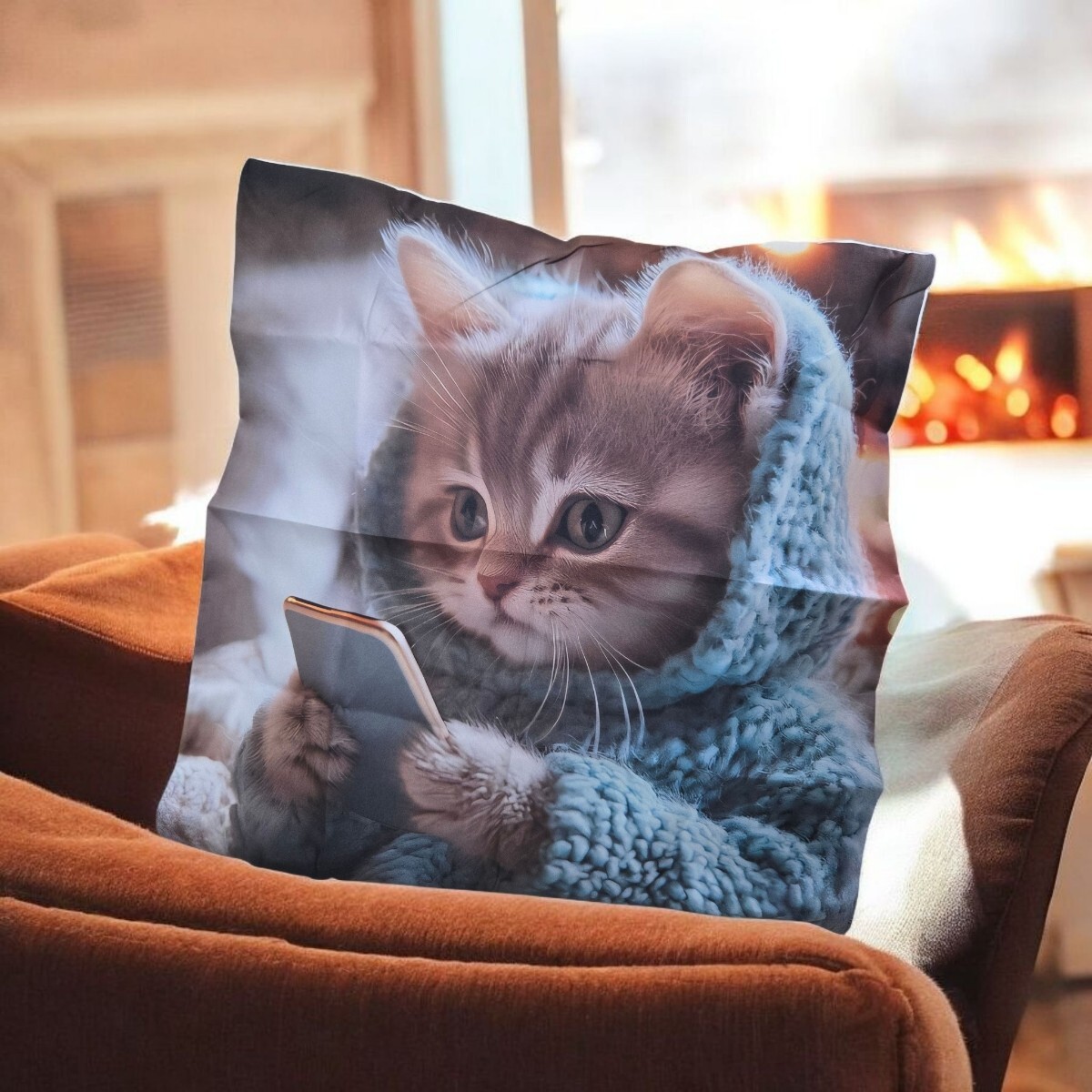 クッションカバー 45㎝ 正方形 猫 ねこ 2Dプリント【スマホ操作中】拍卖