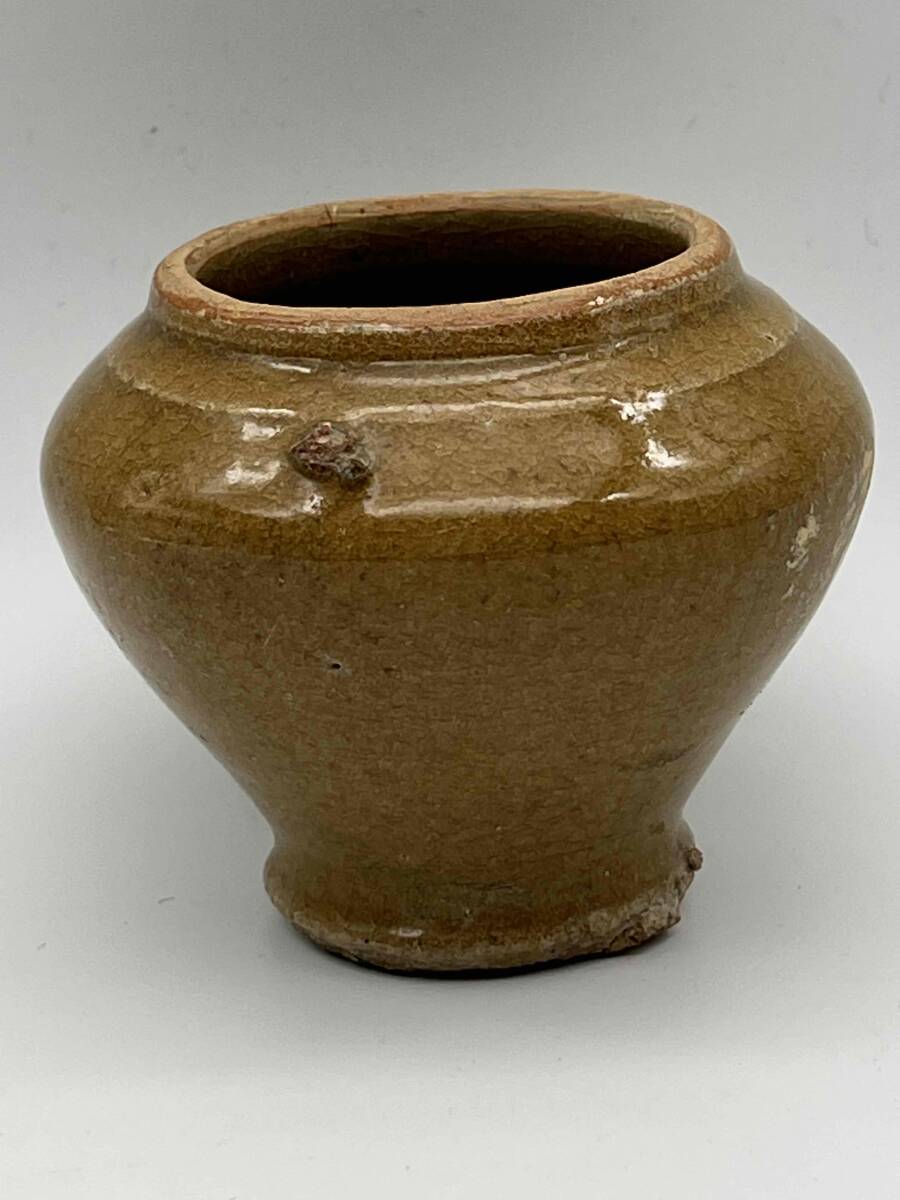 唐時代 青瓷 褐緑釉 小壺 茶入れ 煎茶道具 唐物 古賞物 中国古美術 骨董品(F-106)拍卖