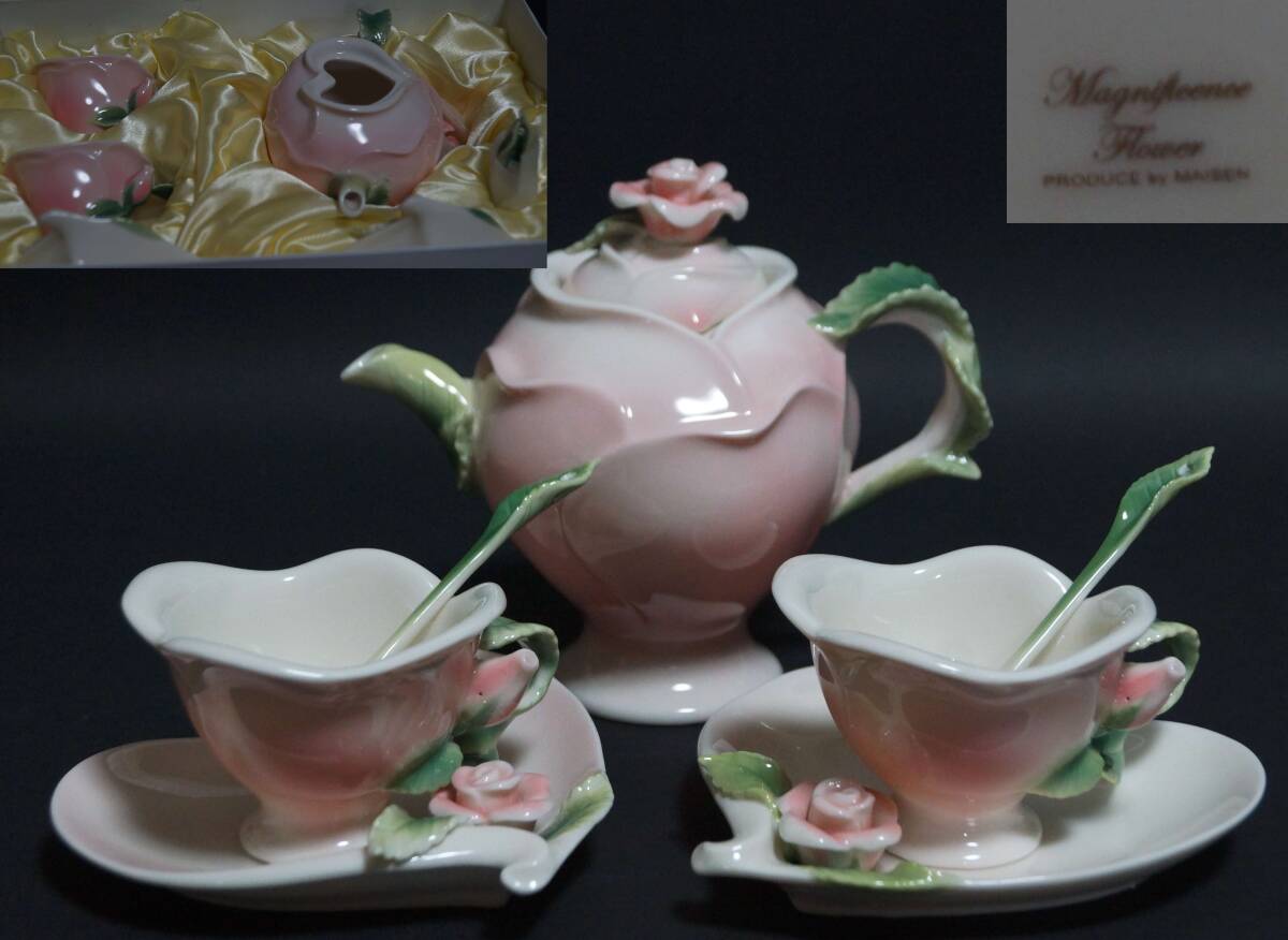 【閑】マイセン立体型バラの花造形ピンクのティーポットセット華麗なる花コレクション(Magnificence Flower Produce By Maisen) 共箱7D1016拍卖