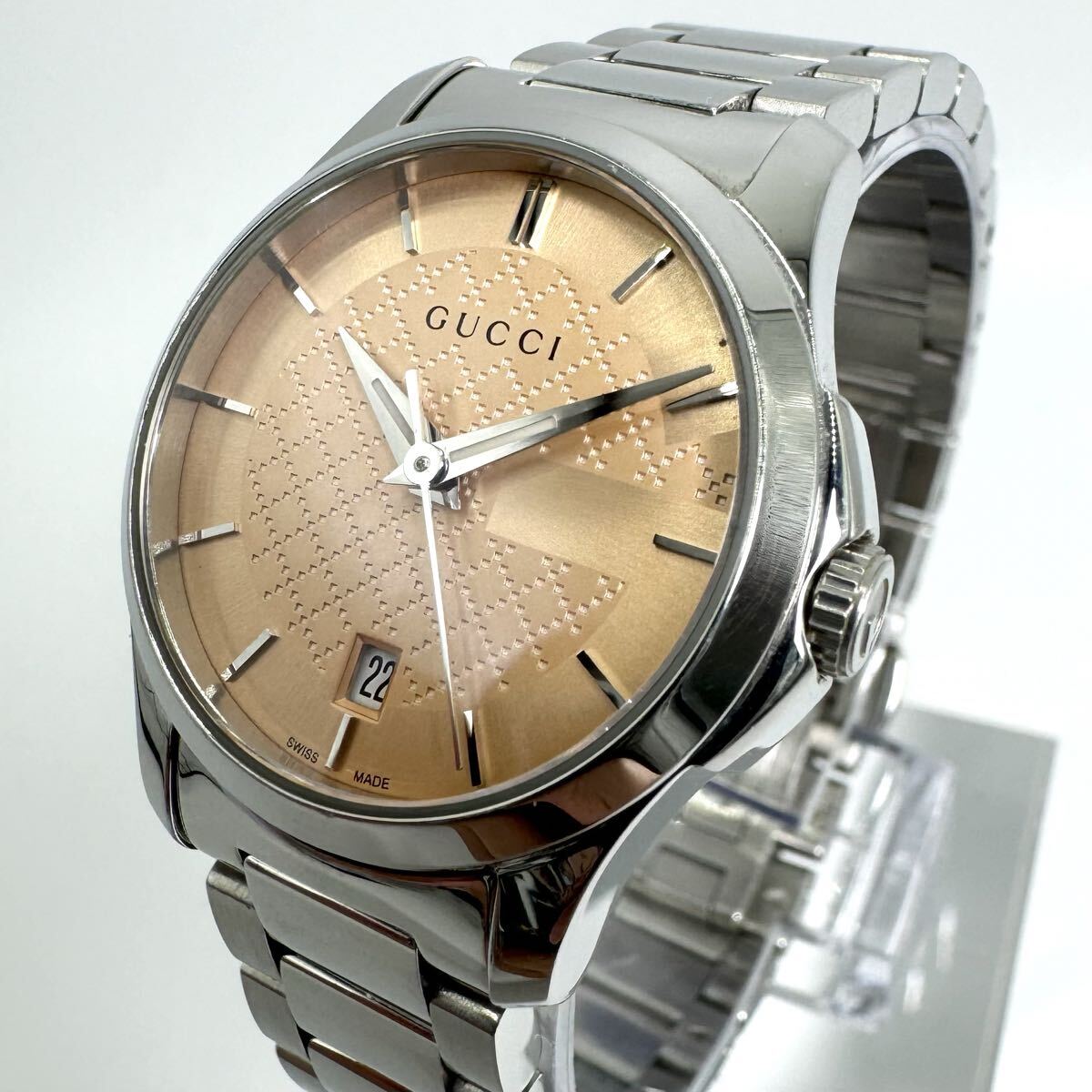 【稼動】美品 GUCCI グッチ 腕時計 126.5 シルバー ピンクゴールド G ロゴ デイト スイス Swiss 高級感 レディース メンズ ユニセックス拍卖