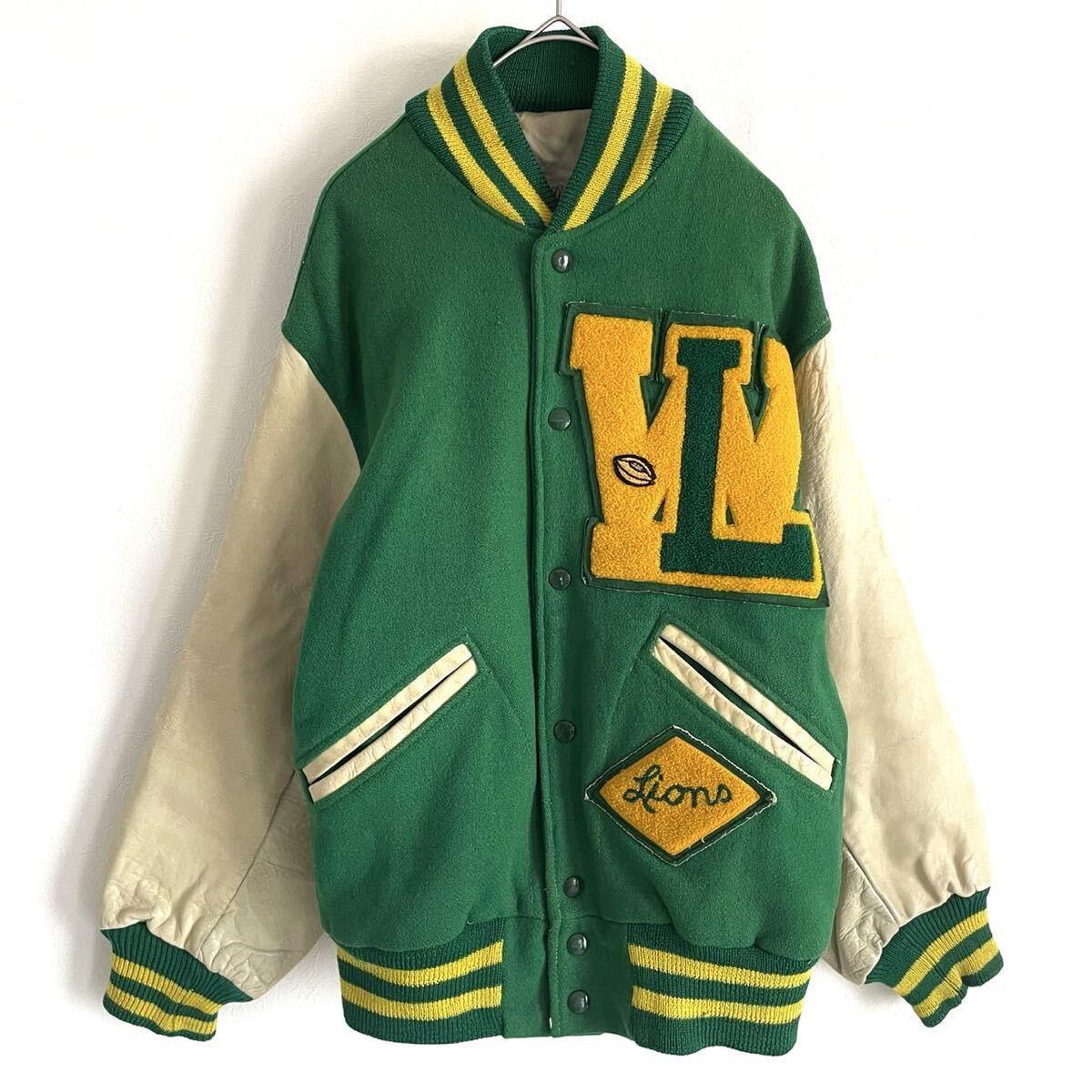 【Dehen/ディーエン】バーシティージャケット/オリジナルワッペン/40表記/グリーンベージュ/衝撃プライス!ヴィンテージフリーク待望!NB44拍卖