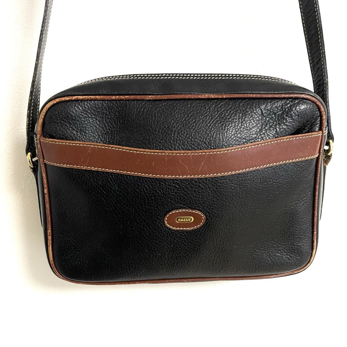 【BALLY/バリー】オリジナル高級上質レザーショルダーバッグ/ブラック×ブラウン/衝撃プライス!大人気オールドスタイル/売り切り!NC24拍卖