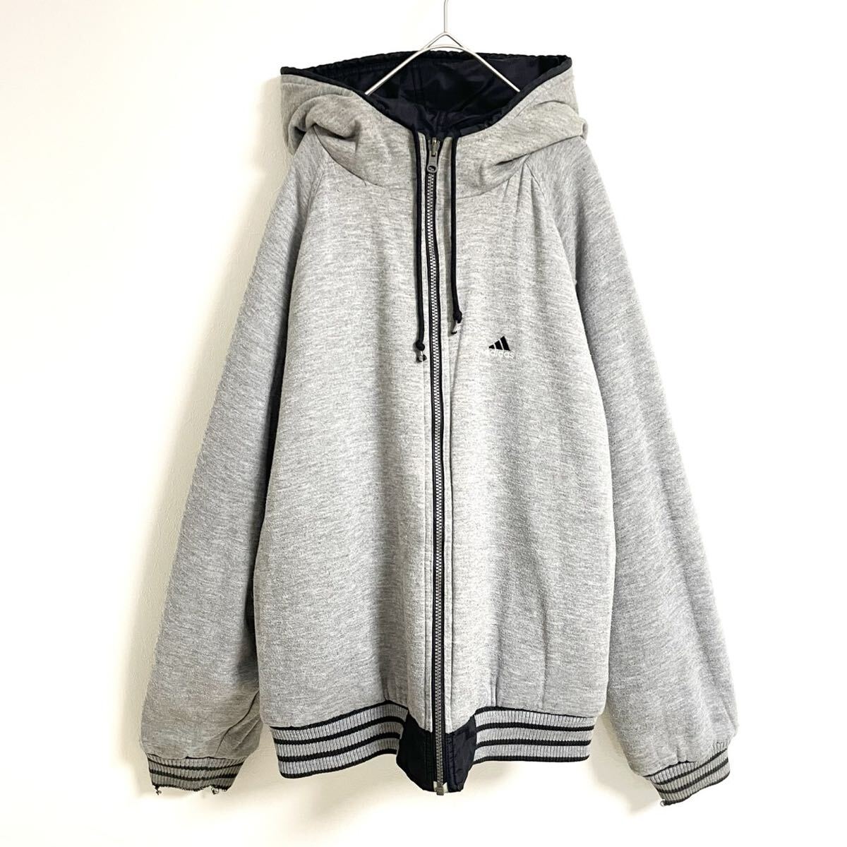 【90s’アディダス/刺繍ロゴ】高級ジップアップリバーシブルパーカー/灰/L表記/衝撃プライス!ヴィンテージ古着/アメカジスタイル!NE60拍卖