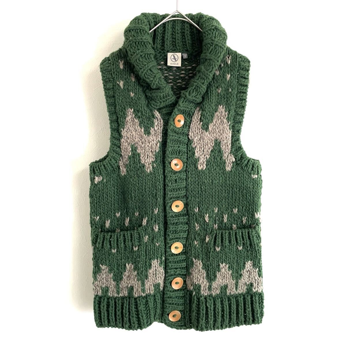 【エーグル】オリジナル高級上質ウールニットセーターベスト/グリーン×グレー/S表記/衝撃プライス!アウトドア/キャンプ/登山用品!NE80拍卖