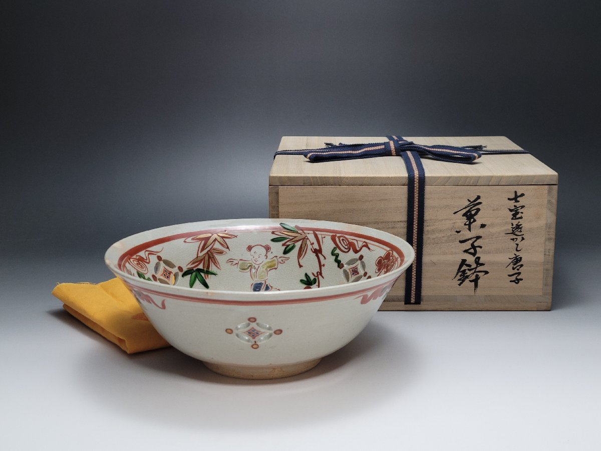 C 田中豊紀造 七宝透かし唐子 菓子鉢 共箱 幅約21.2cm / 茶碗 茶道具 煎茶道具 茶器 人間国宝 李朝 高麗 陶瓷器 唐物 古玩 古董拍卖