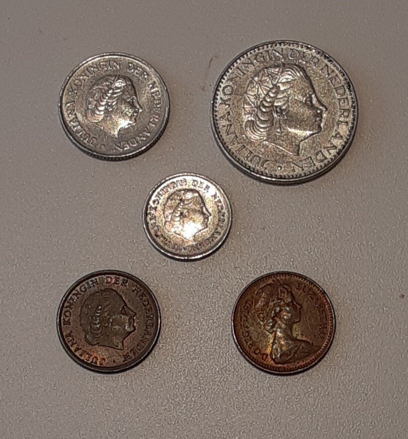 オランダ 硬貨 5点 セット 昭和レトロ コレクション 1970 25セント/1965 10セント/1969 1ギルダー/1セント/イギリス 1/2 ニューペニー 古銭拍卖