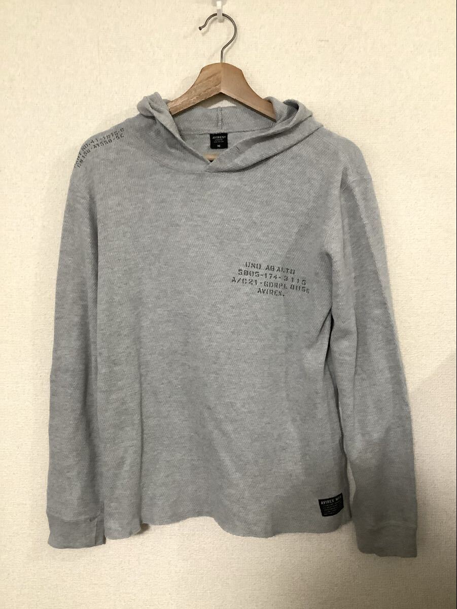 アビレックス AVIREX フード付き 長袖Tシャツ サーマル グレー カジュアル アメカジ ミリタリー メンズ M プルオーバー拍卖