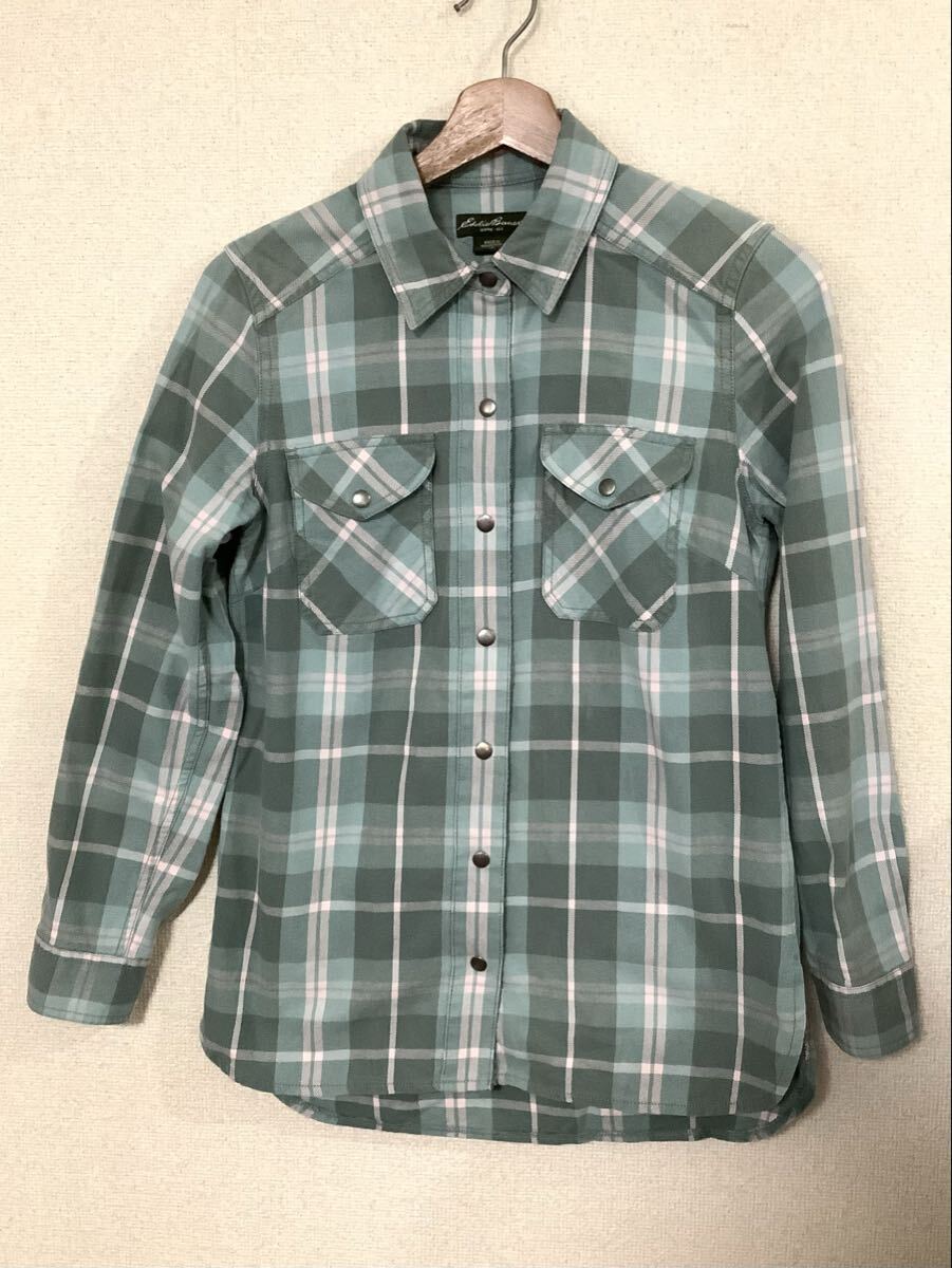 eddie-bauer エディーバウアー チェック 長袖ネルシャツ コットンシャツ スナップボタン アウトドア レディース XS拍卖