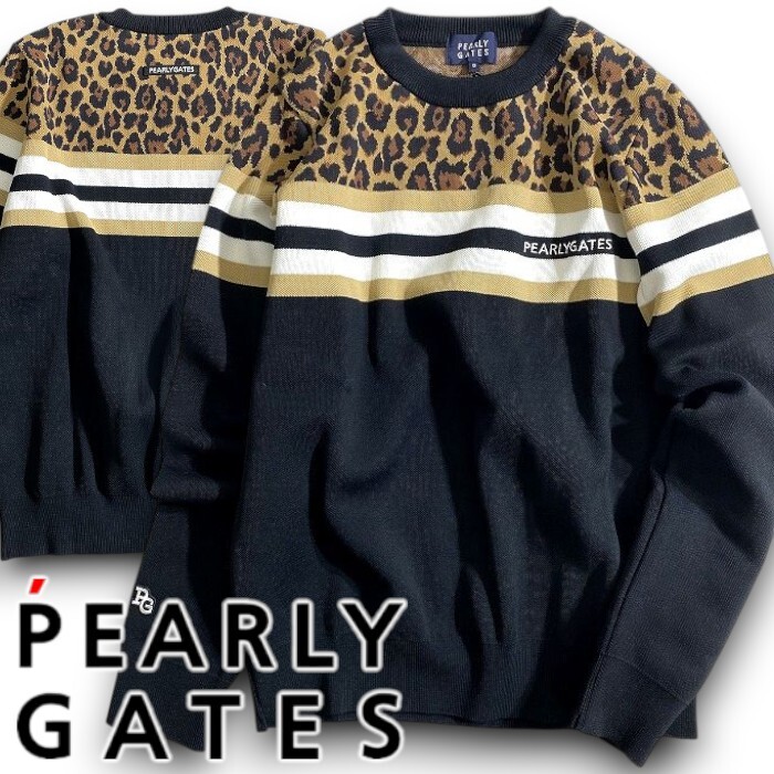 PEARLY GATES パーリーゲイツ 定価3.7万 日本製 レオパード 長袖 ニット セーター ゴルフウェア レディース 2270008 010 1 ▲041▼51001w09拍卖