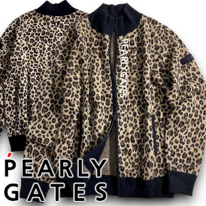 PEARLY GATES パーリーゲイツ 定価4.6万 カシミア混ウール レオパード柄 ニットブルゾン ゴルフ レディース 2272004 051 1 ▲051▼51002w03拍卖