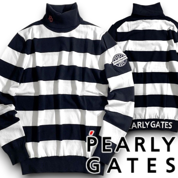 PEARLY GATES パーリーゲイツ 定価2万 カシミヤタッチ ワイドボーダー タートルネック 長袖 ニット ゴルフ 2274093 031 5 ▲023▼51006w08拍卖