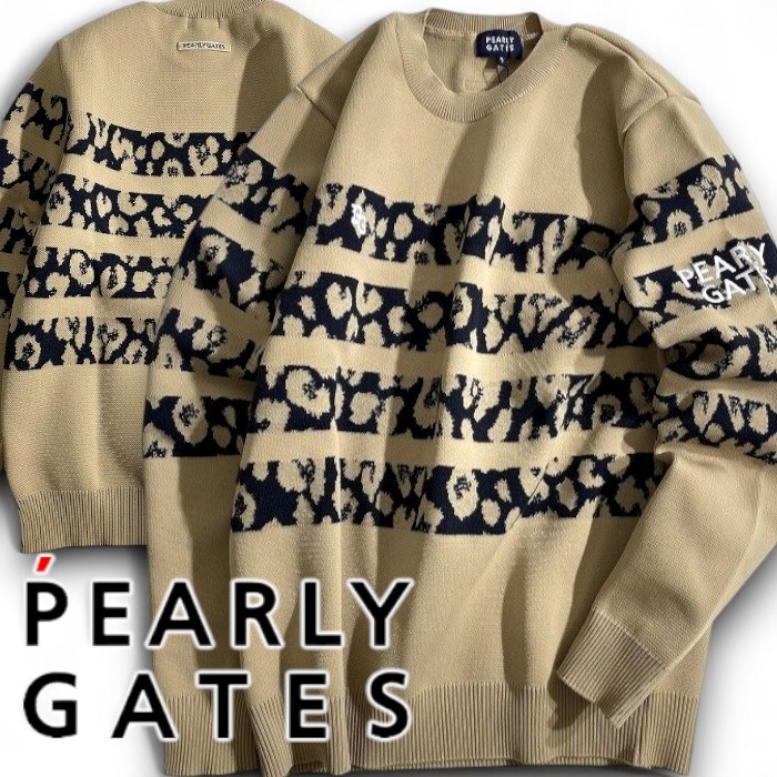 PEARLY GATES パーリーゲイツ 定価3.7万 日本製 WJQ レオパード柄ボーダー 長袖 ニット セーター ゴルフ 2270005 040 3 ▲041▼51007w04拍卖