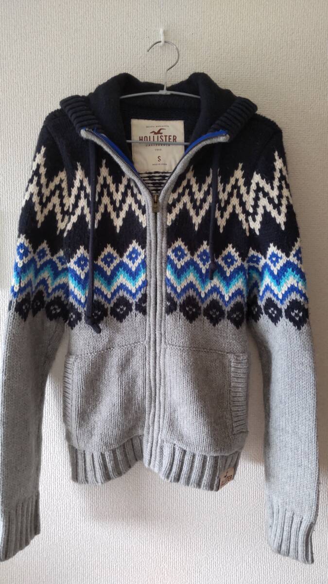 HOLLISTER ホリスター フェアアイル柄 ニットパーカー フーディー S メンズ イヤホンポケット付拍卖