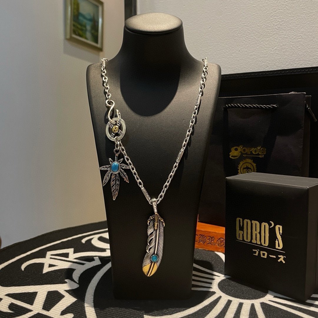 Goro’s ゴローズ 金爪先金特大フェザー ターコイズ付き 右向き シルバー フックチェーン リーフ付き ホイール付き ネックレス拍卖