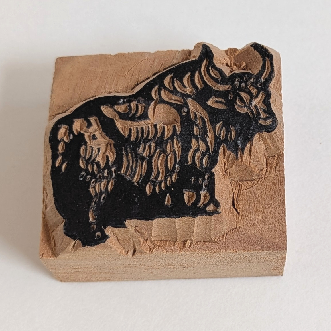 手彫りスタンプ ヤク 木製 ネパール チベット 約4x4x2.4cm 未使用拍卖