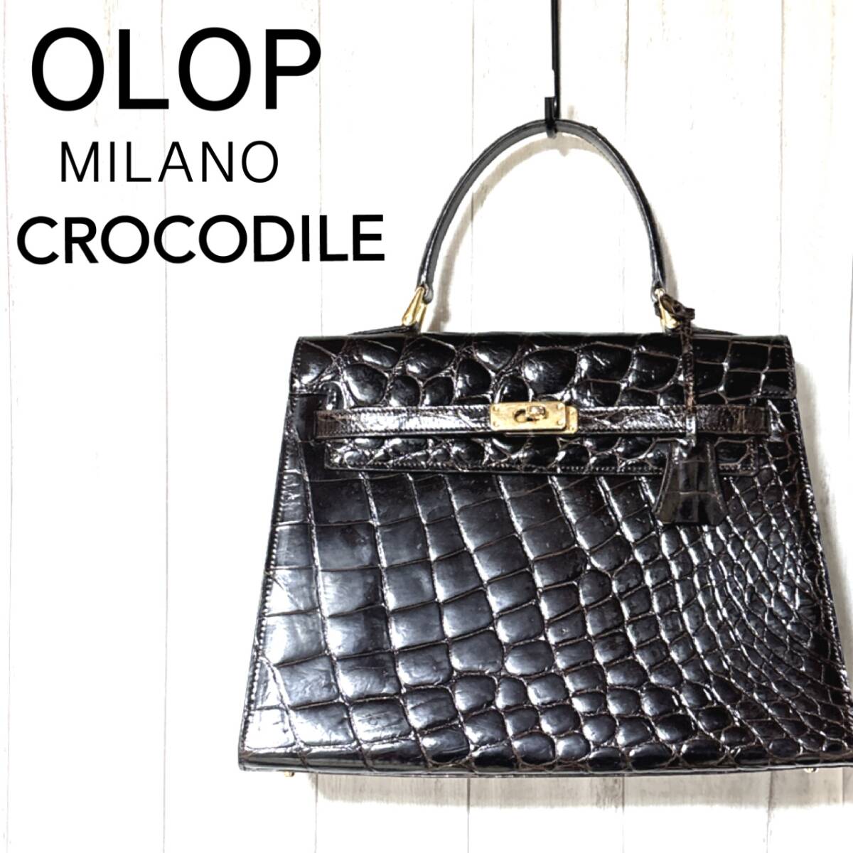 OLOP MILANO クロコダイル ハンドバッグ オロップ crocodile ワニ革 レザー シャイニー バッグ ダークブラウン拍卖
