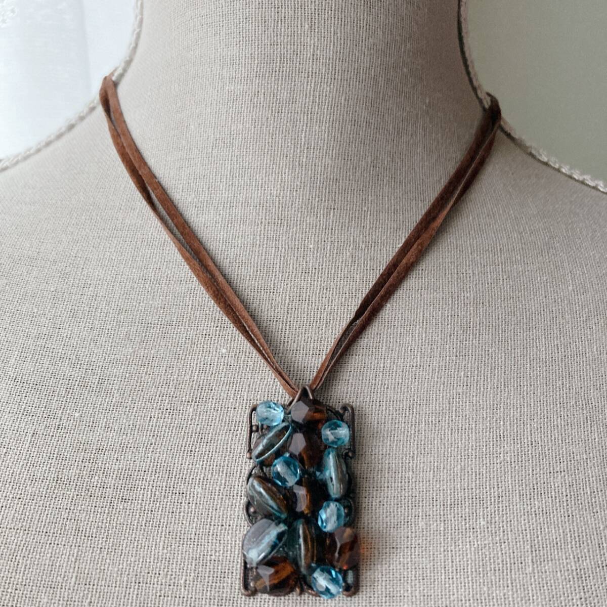 ヴィンテージネックレス Jean Andre イタリア製 プレート ビーズ ブルー ブラウン アンティーク☆Vintage jewelry accessoriesF0278拍卖