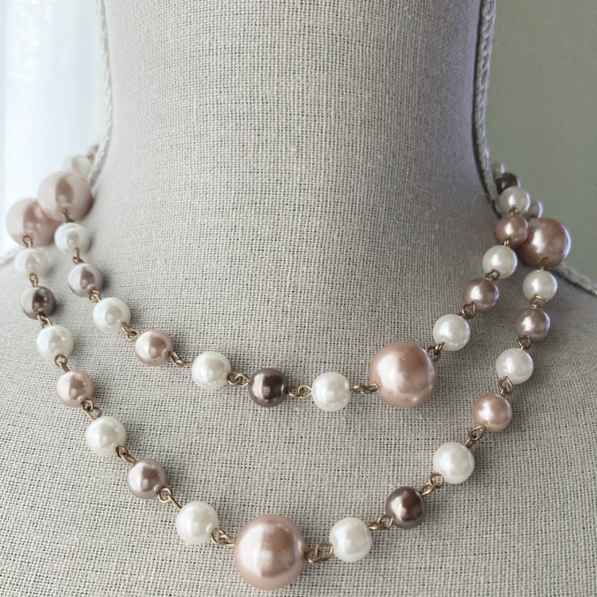 ネックレス ショート パール 大玉 ピンク ホワイト ブラウン ダブル 美品☆Vintage jewelry accessoriesF0327拍卖
