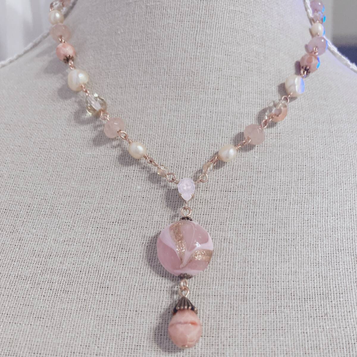 ヴァンドームブティック VENDOME BOUTIQUE ネックレス ピンクゴールド STONE ガラス パール 美品 Vintage jewelry accessoriesF0331拍卖