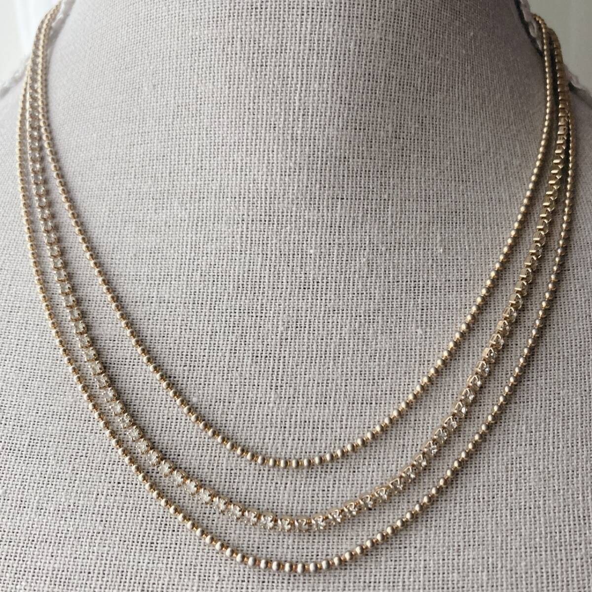 ヴィンテージネックレス トリプルチェーン 3連 ゴールドトーン ラインストーン☆Vintage jewelry accessoriesF0342拍卖