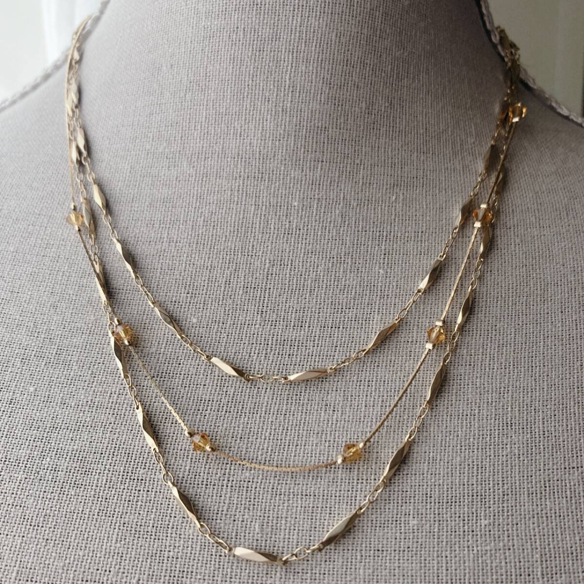 ヴィンテージネックレス 3連 トリプル 切子チェーン ガラスビーズ 細目 K18GP刻印☆Vintage jewelry accessoriesF0364拍卖