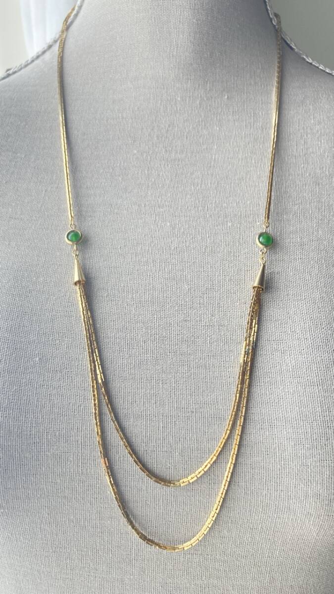 3連ヴィンテージネックレス ゴールドトーン グリーンストーン ロング☆Vintage jewelry accessoriesF0348拍卖