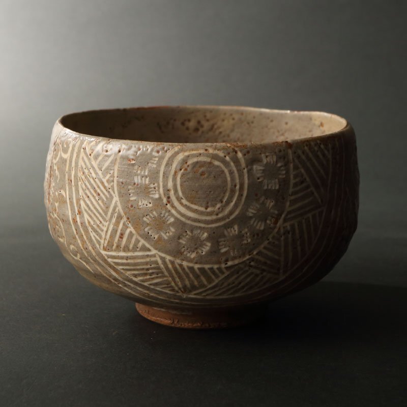 委託HK◇永楽保全(河濱支流印) 彫三島写花文茶碗 共箱(茶道具 陶磁器 陶芸 京焼 三島手 象嵌 抹茶碗 千家十職 偕楽園焼 御庭焼 茶事)拍卖