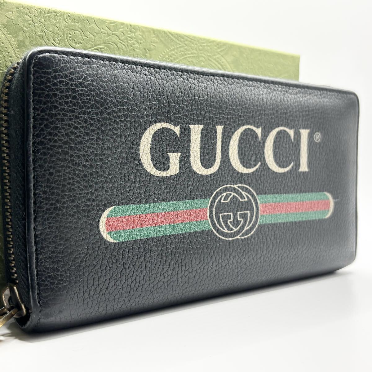 【極美品】GUCCI グッチ メンズ 長財布 ラウンドファスナー ジップ ヴィンテージロゴ シェリーライン インターロッキング レザー ブラック拍卖
