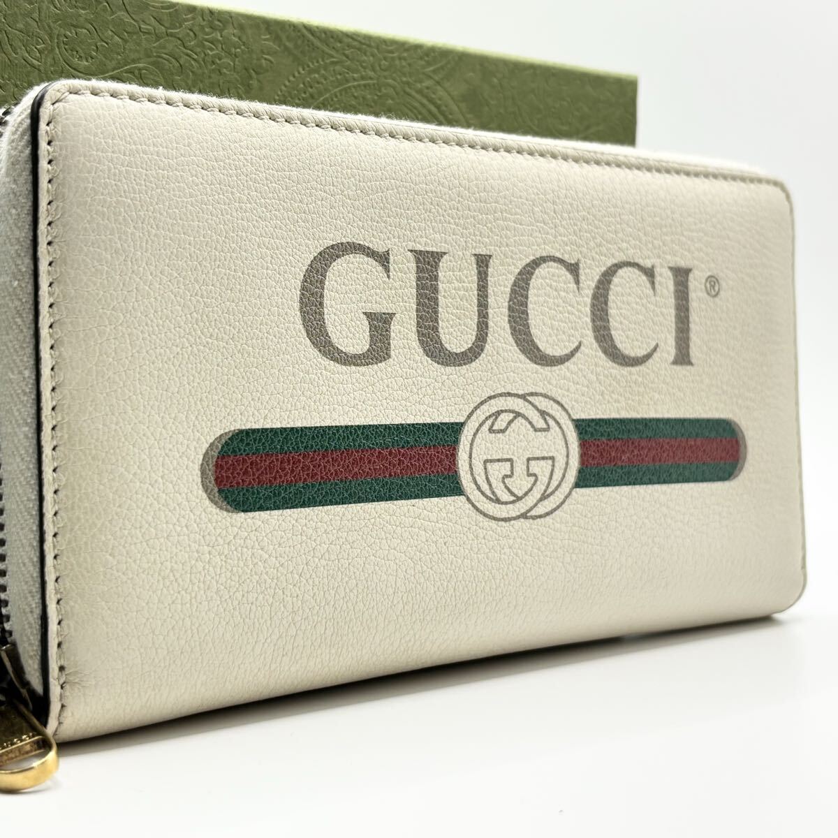 【極美品】GUCCI グッチ メンズ 長財布 ラウンドファスナー ジップ ヴィンテージロゴ インターロッキング シェリーライン レザー ホワイト 拍卖