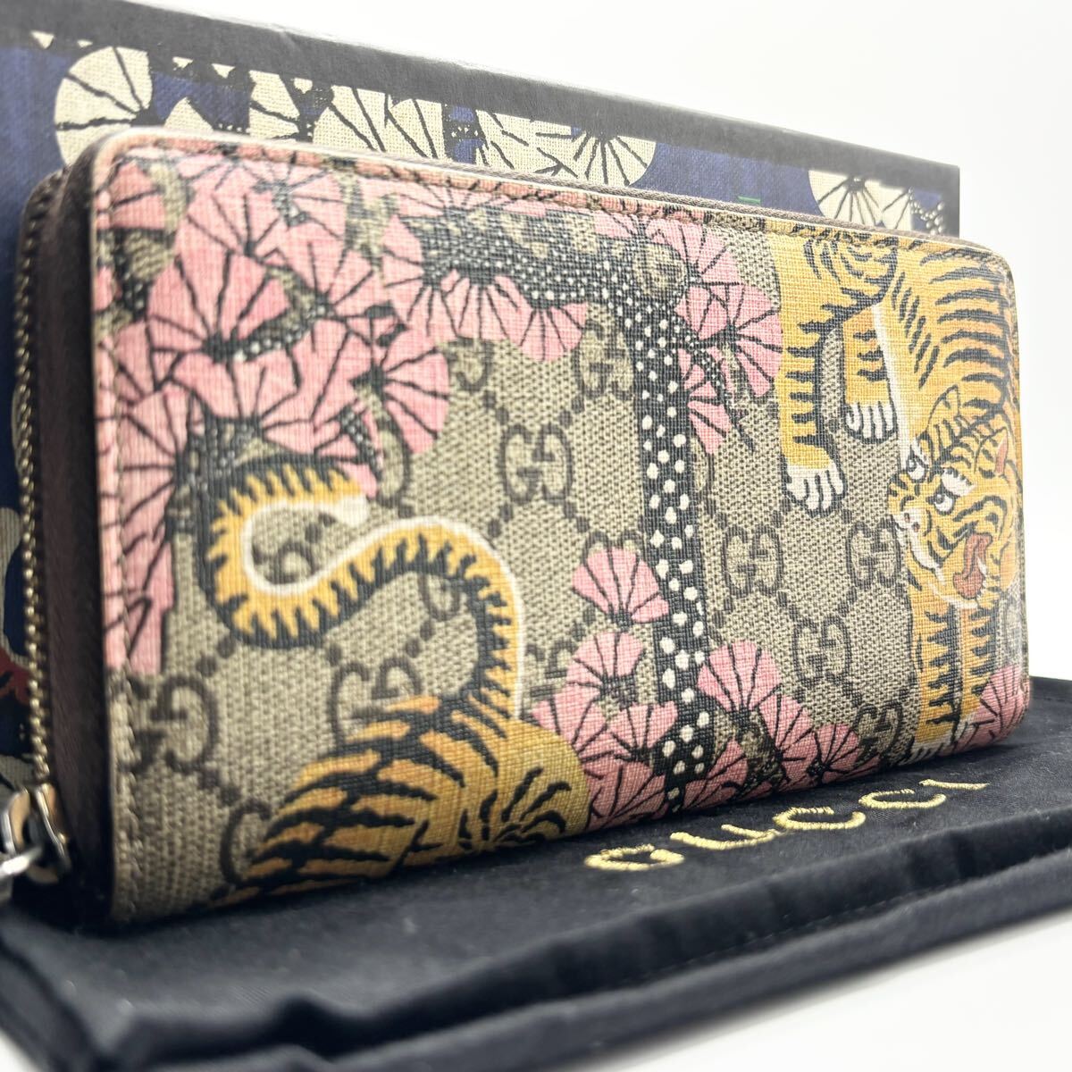 【入手困難/付属品完備】GUCCI グッチ メンズ 長財布 ラウンドファスナー ジップ ベンガルタイガー 虎 GGスプリーム レザー ブラウン 美品拍卖