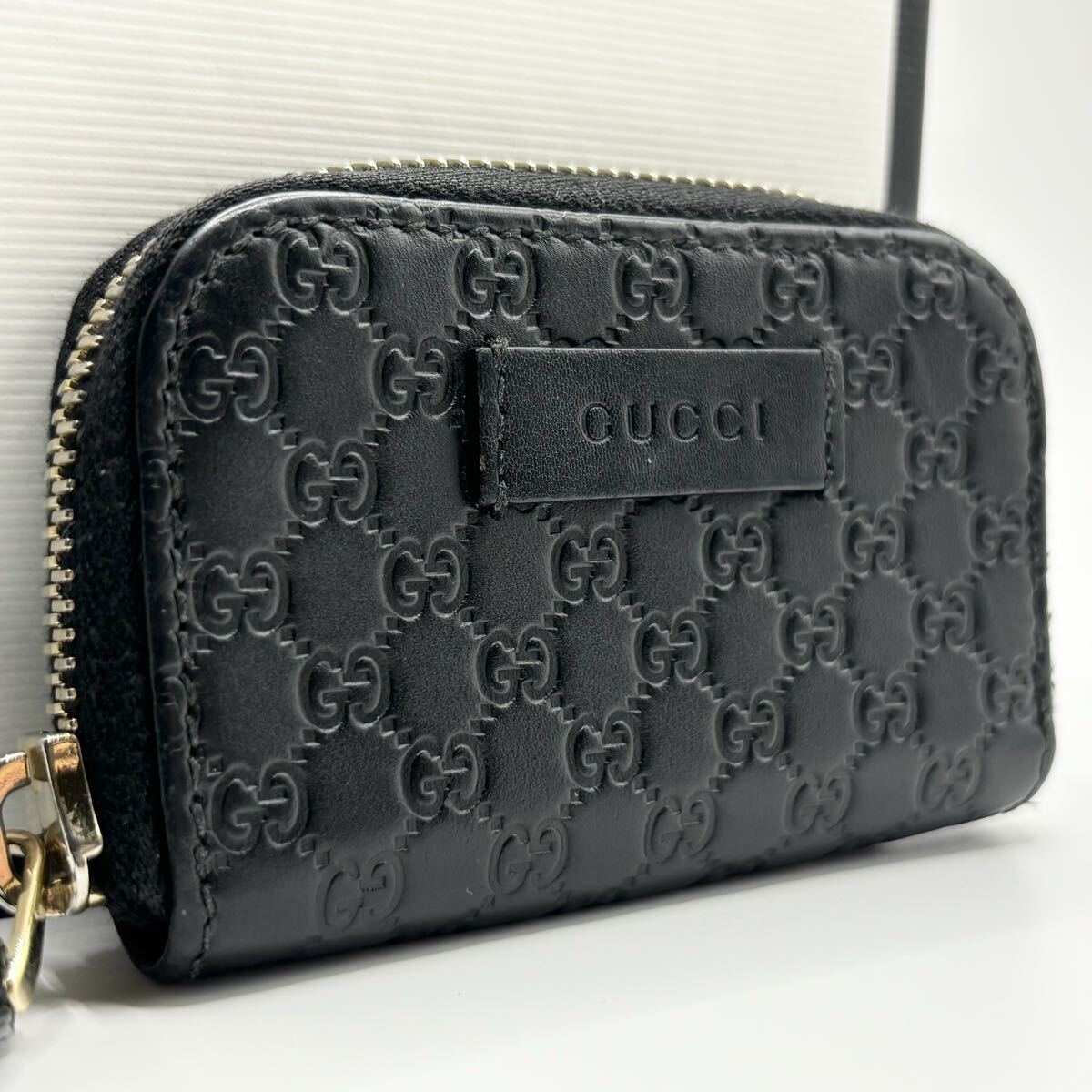 【極美品】GUCCI グッチ メンズ コインケース 財布 ラウンドファスナー ジップ GG柄 マイクロシマ シグネチャー 型押し レザー ブラック 黒拍卖