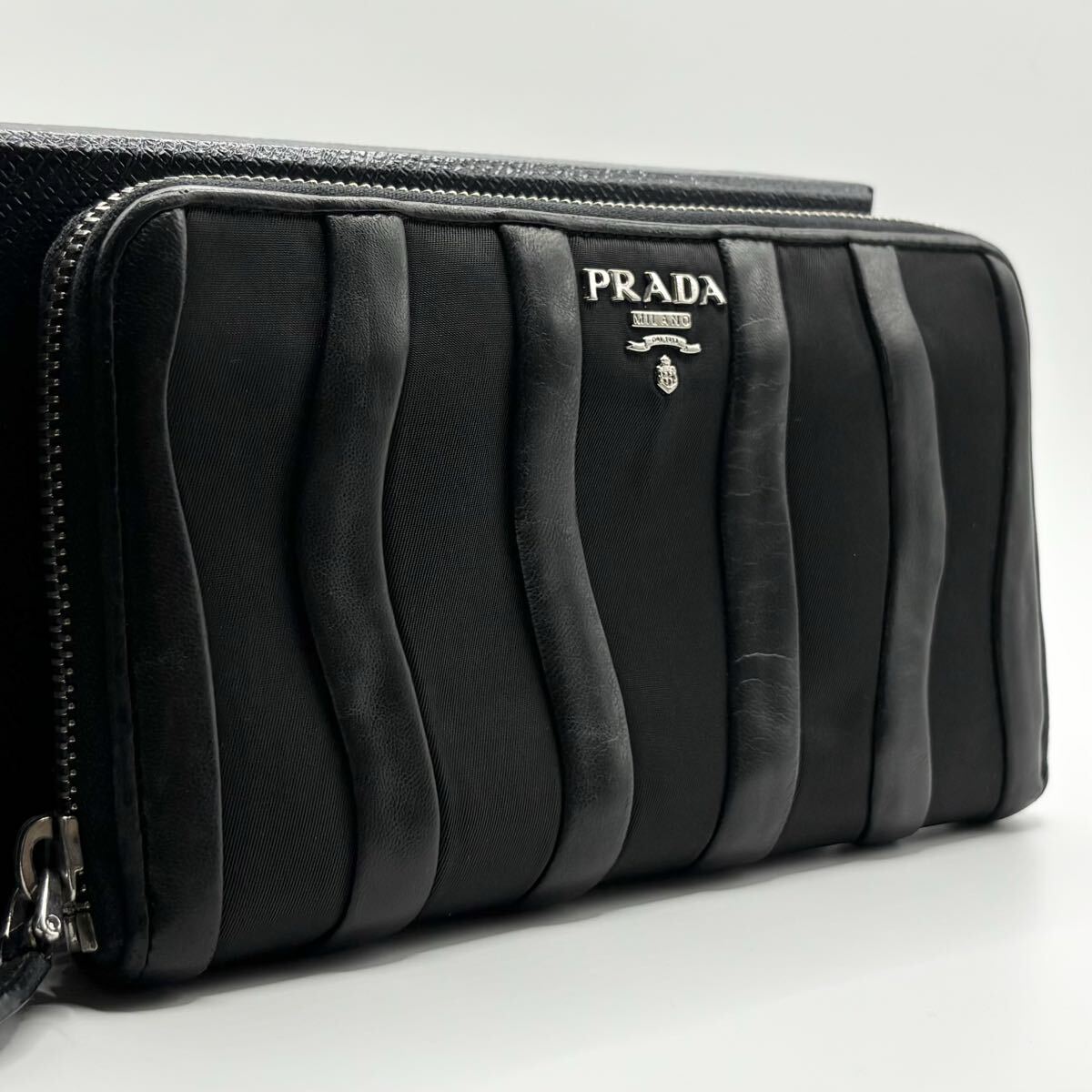 【美品/希少】PRADA プラダ メンズ 長財布 ロングウォレット ラウンドファスナー ジップ レザー テスートナイロン メタルロゴ ブラック 黒拍卖