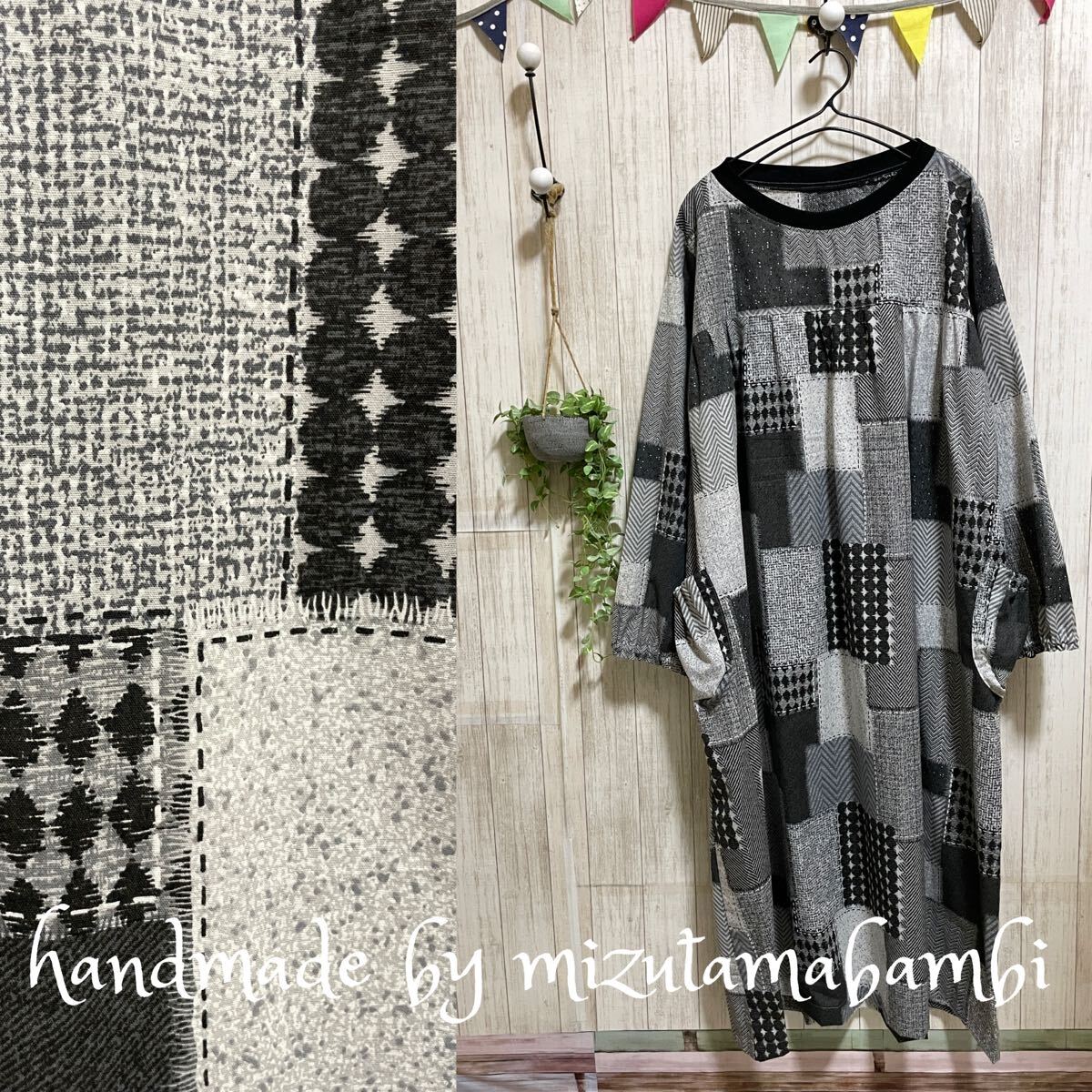 **6L(ロング丈・長袖) **パッチ柄のロング丈OP**水玉バンビハンドメイド**拍卖