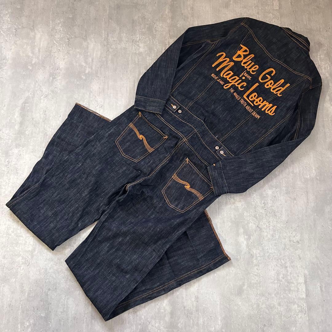Z122【即完売】【記念品(10周年)】ヌーディージーンズ Nudie jeans つなぎ デニム 濃紺 ツナギ オーバーオール インディゴ サロペット 刺繍拍卖