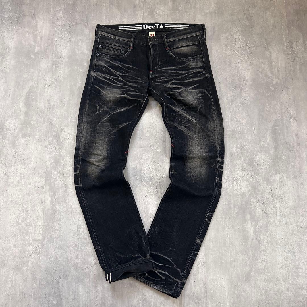 Z134【W31】【セルビッチデニム】DeeTA ディーティーエー ブラックデニムパンツ ギミック ジーンズ ヒゲ落ち ハチノコ ギミック 赤耳 拍卖