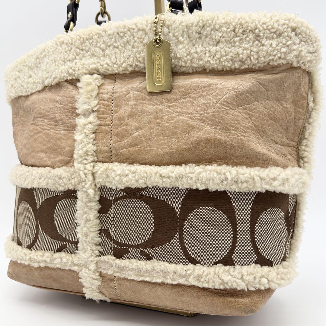 A270【希少 限定ライン】00s Y2K COACH コーチ トートバッグ ハンドバッグ ムートン 肩掛け 10393 パッチワーク シグネチャー 茶 ベージュ拍卖