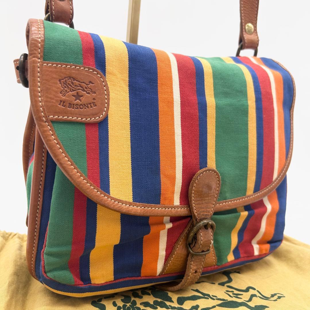 A277 【廃盤 アーカイブ】イルビゾンテ IL BISONTE イタリア製 ショルダーバッグ マルチストライプ ユニセックス クロスボディ 男女兼用拍卖